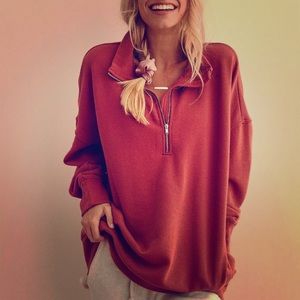 AERIE QUARTER ZIP TUNIC SWEATSHIRT Rust Burgundy S